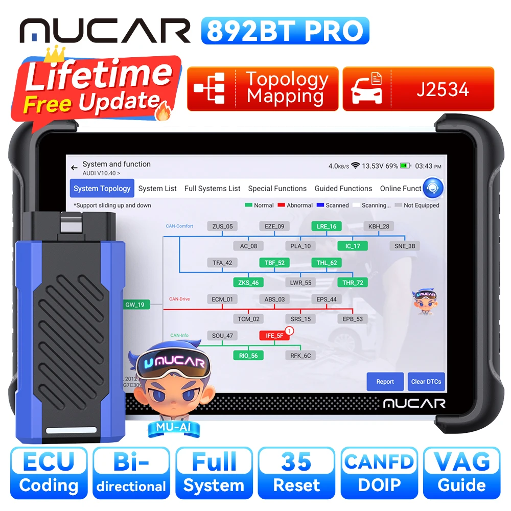 Фото MUCAR 892BT PRO AI программатор ключей TKEY 101, топологический автомобильный диагностический инструмент, двунаправленный автомобильный сканер J2534 OBD2, кодирование ЭБУ №2