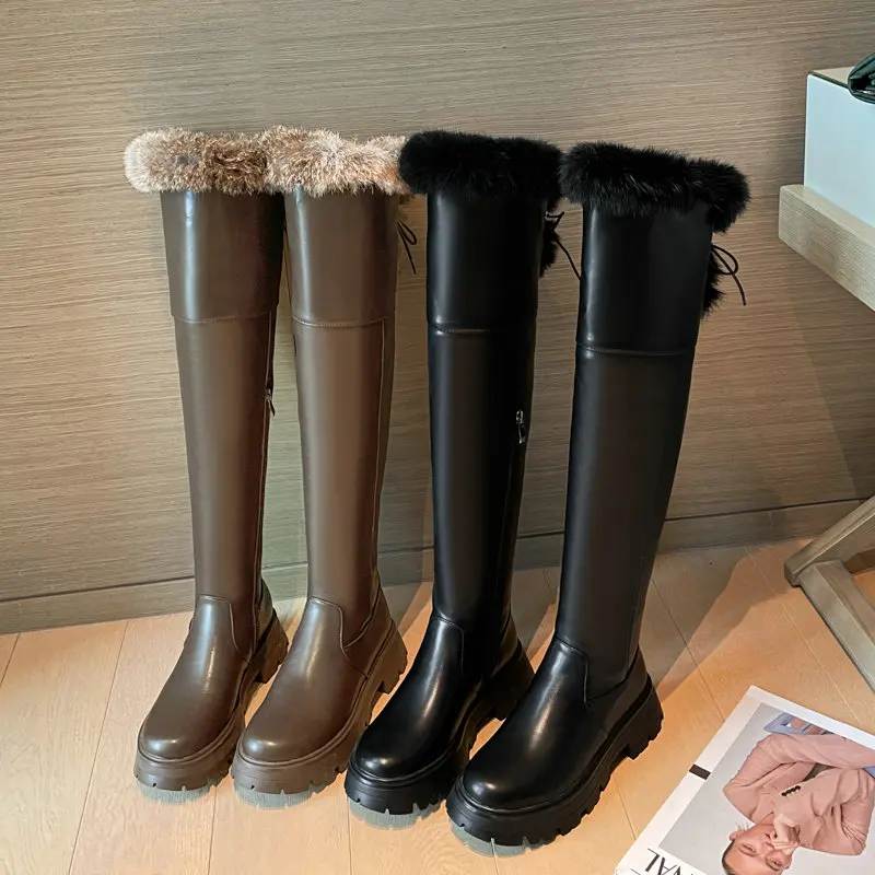 

Теплые зимние женские сапоги на толстой плюшевой подкладке, на плоской платформе, выше колена, русские женские зимние сапоги с натуральным ...