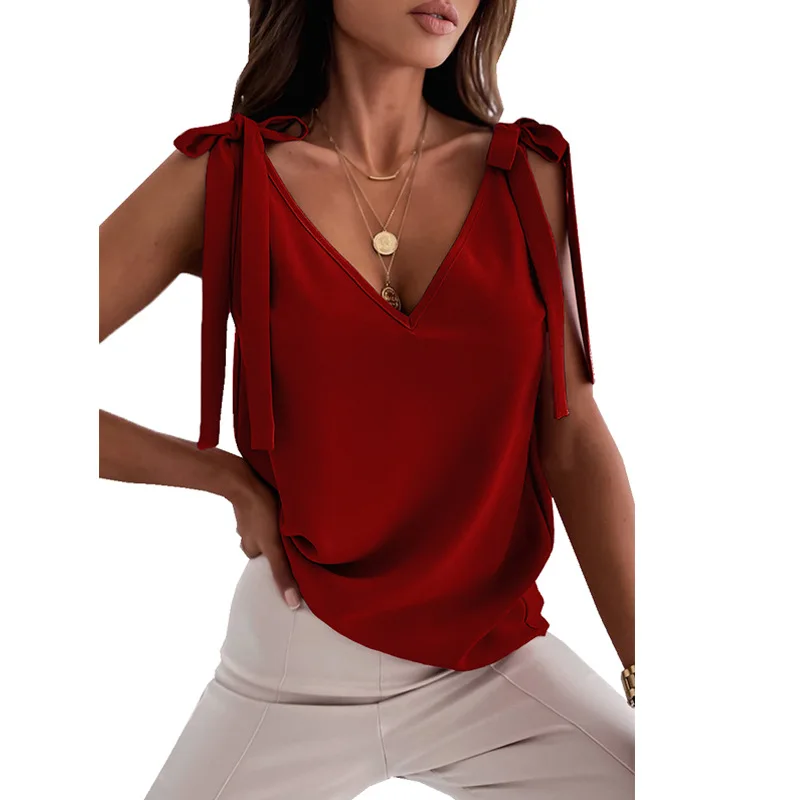 

Sexy Off Shoulder Tank Top Woman Summer Bow Tie Strap Lacing Butterfly Women Y2k Tops V Neck Sleeveless White Vest Tops Women