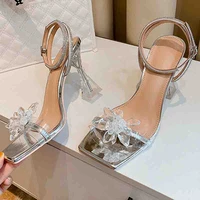 glitter rhinestones women silver sandals crystal flowers pvc transparent summer party wedding shoes high heels