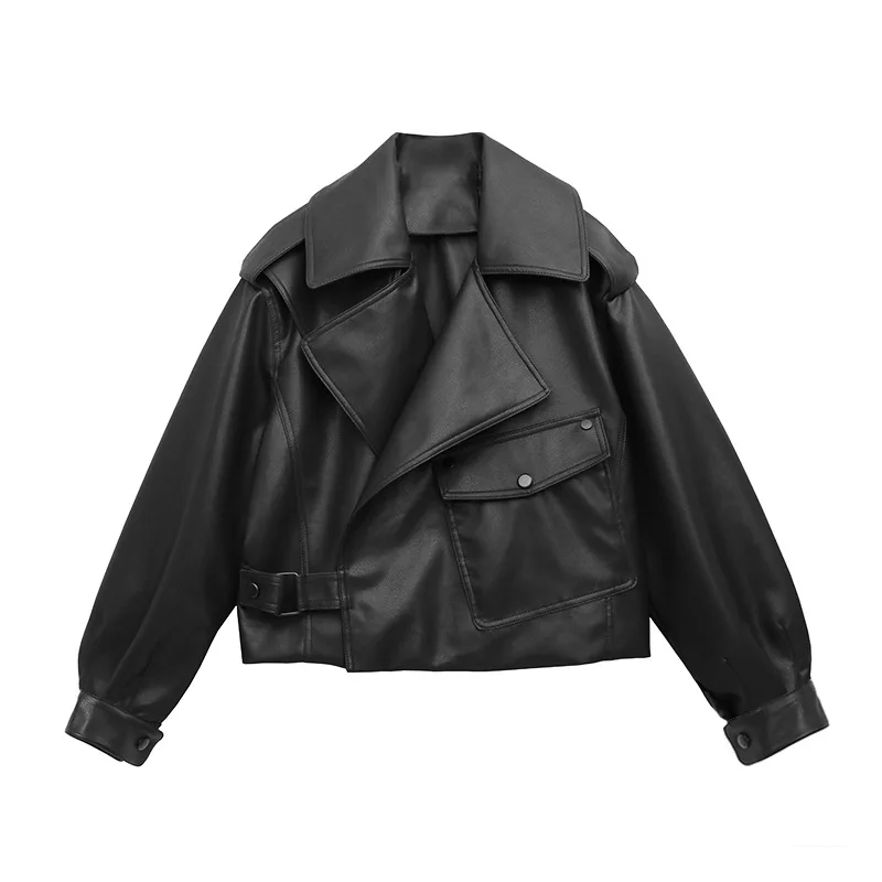 

Fashion Lapel Faux Leather Jacket Coat New Loose Pu Motor Punk Long Sleeve Crop Top Solid Autumn Harajuku Jackets for Women 2023