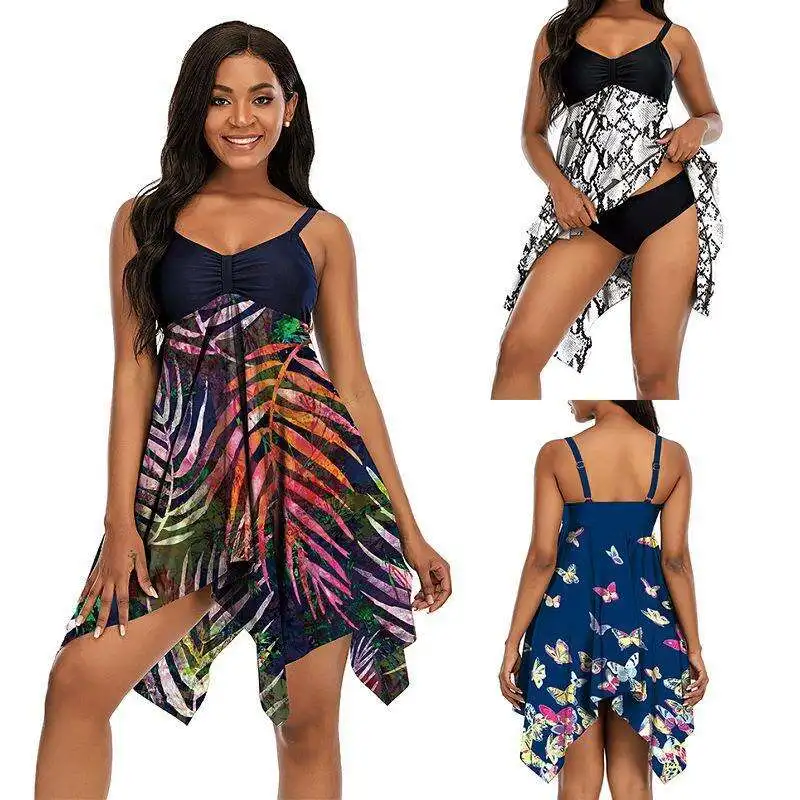 

Plus Size Swimsuit Female Skirt Style Conservative Cover Belly Thin Printed Split Swimwear