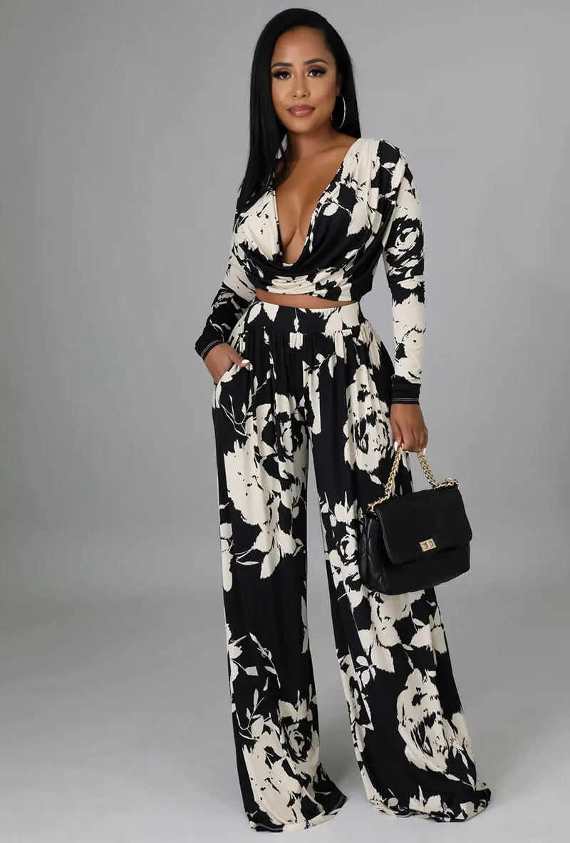 

Summer Two Piece Set Women Fashion Print Long-sleeved Wide-leg Pants Suit Two Piece Set Women