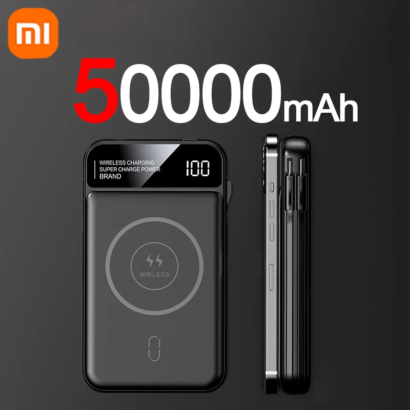 

Xiaomi Power Bank 50000 мАч Беспроводная зарядка Magsafe Power Bank Магнитная зарядка Встроенный провод Аккумулятор мобильного телефона для Iphone