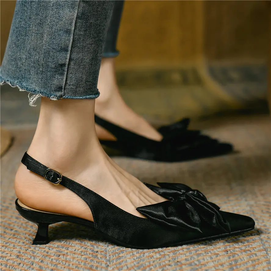 Sexy Party Pumps Women Satin Bow Pointed Toe Kitten Heel Sandals Shallow Slingback Wedding Evening Shoe