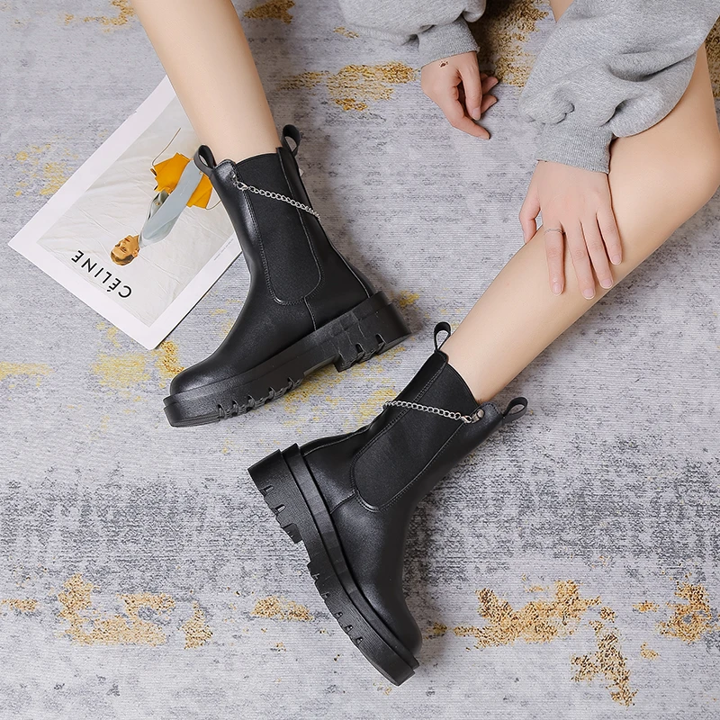 

Женские ботинки без шнуровки, Черные ботильоны на платформе и высоком устойчивом каблуке, большие размеры, 2022