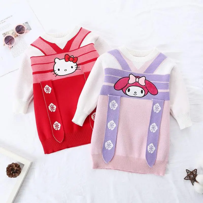 

Hello Kitty Sanrio Kids Cotton Dress Cute My Melody Girls Autumn Winter Fake Two Piece Knit Sweater Cartoon Children's Clothing