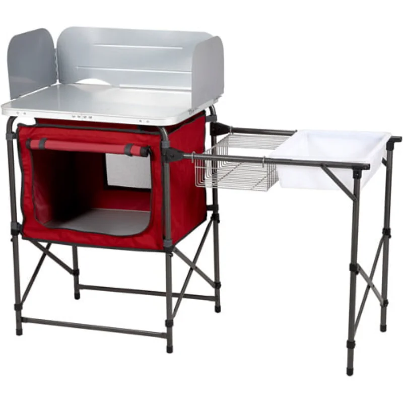 

OUZEY Trail Deluxe Camping Kitchen with Storage, Silver and Red, 31 Height" X 13 Width" X 8.25 Length" Outdoor Folding Table