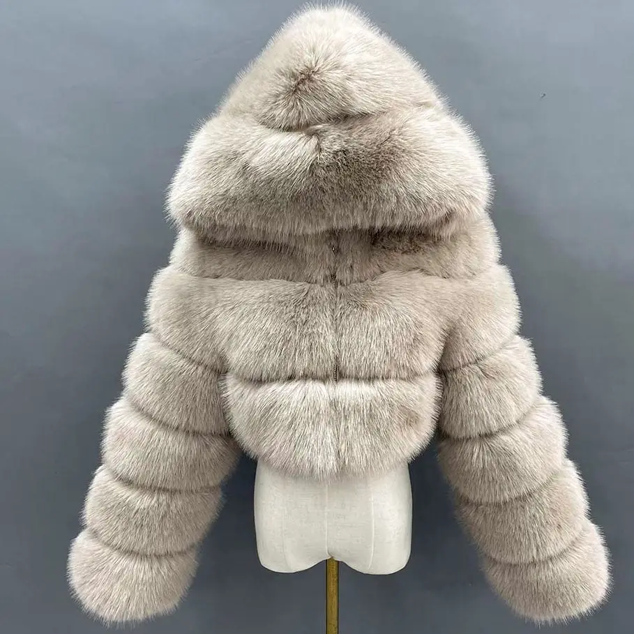 

Janefur Faux Fur Coat with Hood Women 2022 Crop High Quality Artifical Fox Fur Jackets Fluffy Thick Winter Female Outerwear