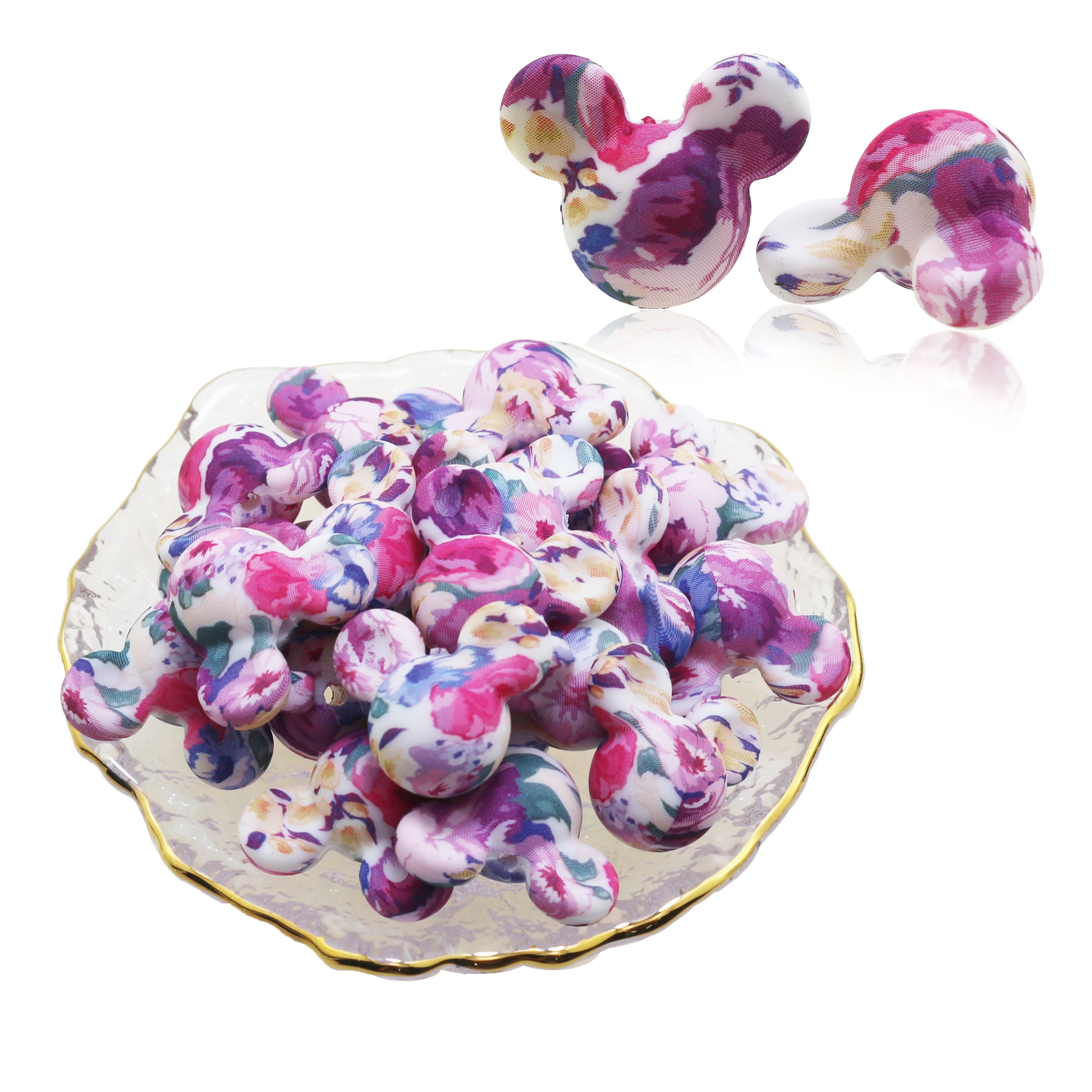 

10pcs/Lot Rose Sunflower Print Mouse Silicone Beads Tie-dyePearl Baby Pacifier Chain Food Grade Baby Teething Teether Bead
