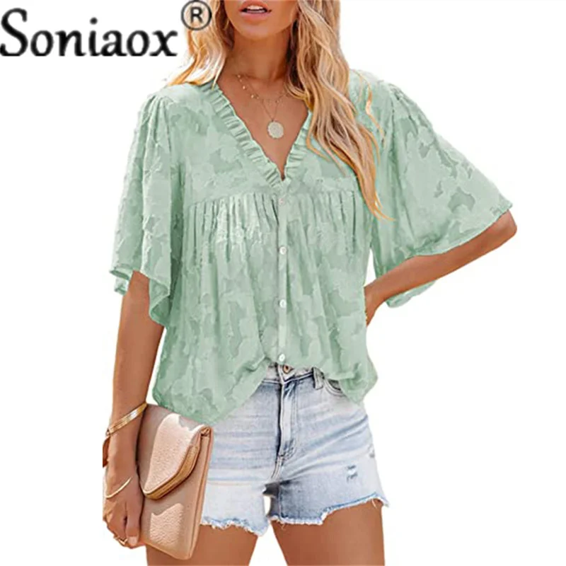 Женская шифоновая блузка с рюшами кружевная на пуговицах рукавами-фонариками