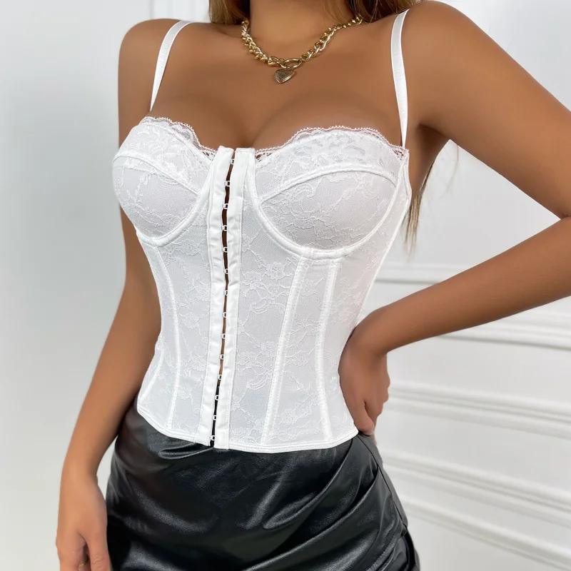 

Sexy Embroidery Lace Women Camis Tops Women Corset Bralette Cami Front Buttons Crop Cute Vest Elegant French Chic Party Clubwear