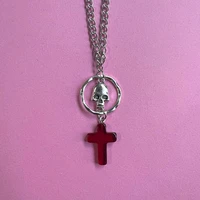 goth vintage punk skull red black cross 2022 pendant necklace for women man charm jewelry wholesale chains
