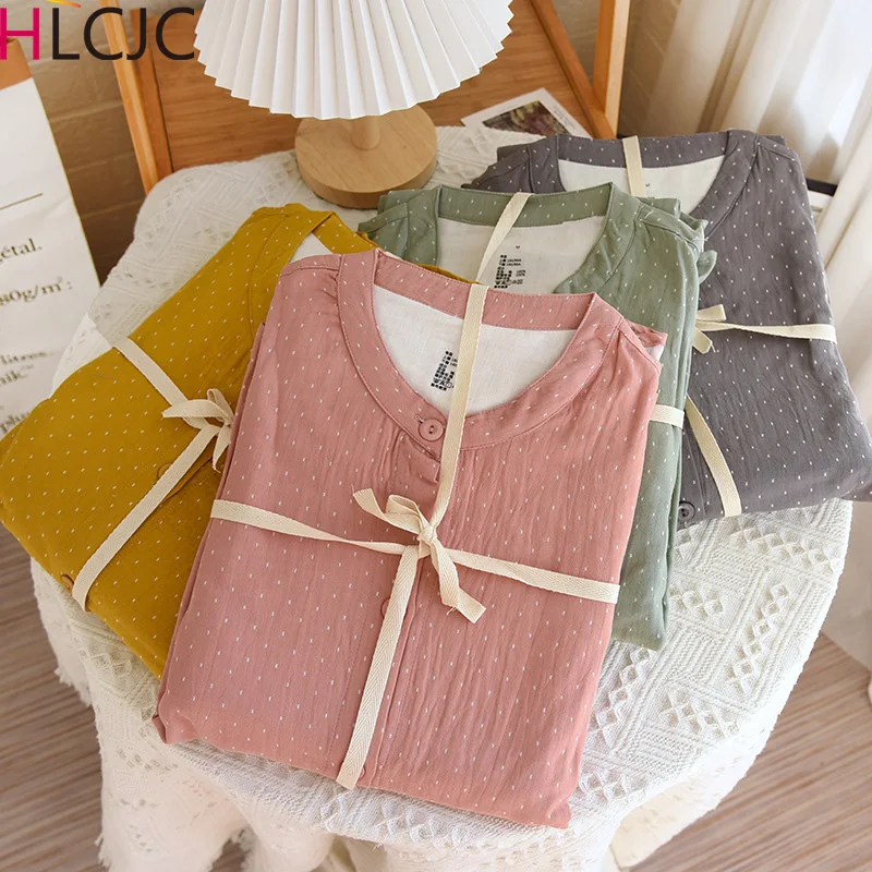 

2023 Spring Summer Autumn Couple Yarn-dyed Crepe Cotton Pajamas Set Sleepwear Female Long Sleeve Pijama Suit Ladies Loungewear