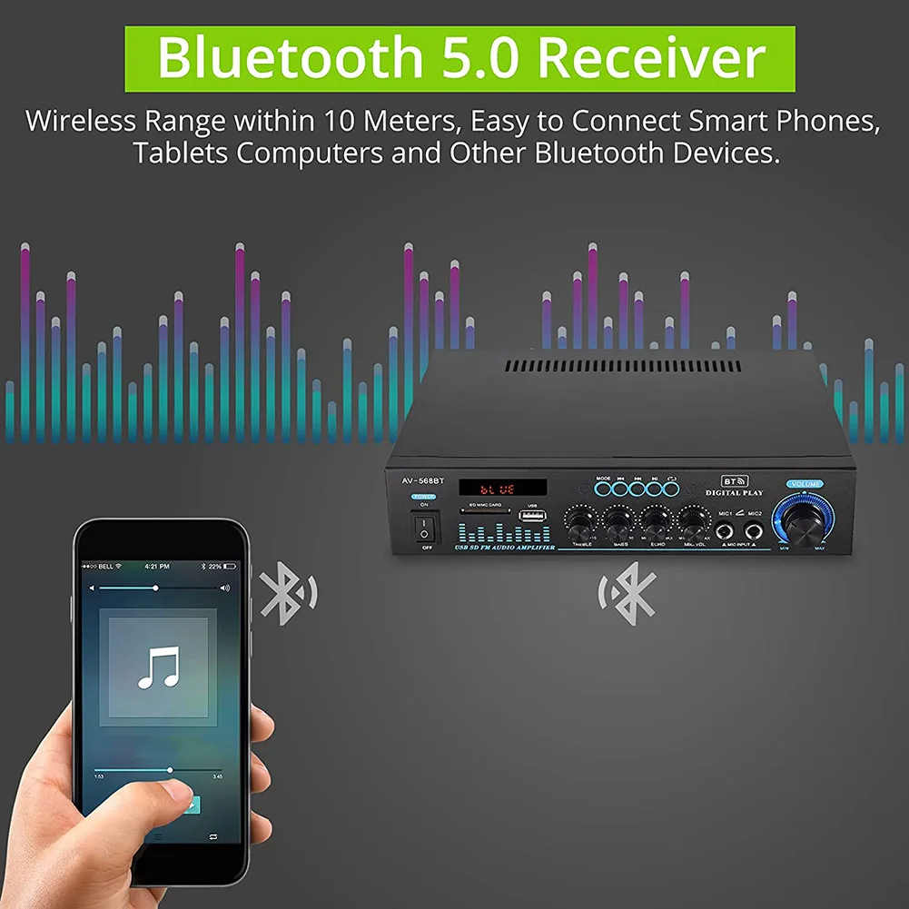 Стереоусилитель мощности звука AV-568BT Усилитель Bluetooth 2 0 канала 50 Вт X с входами RCA USB
