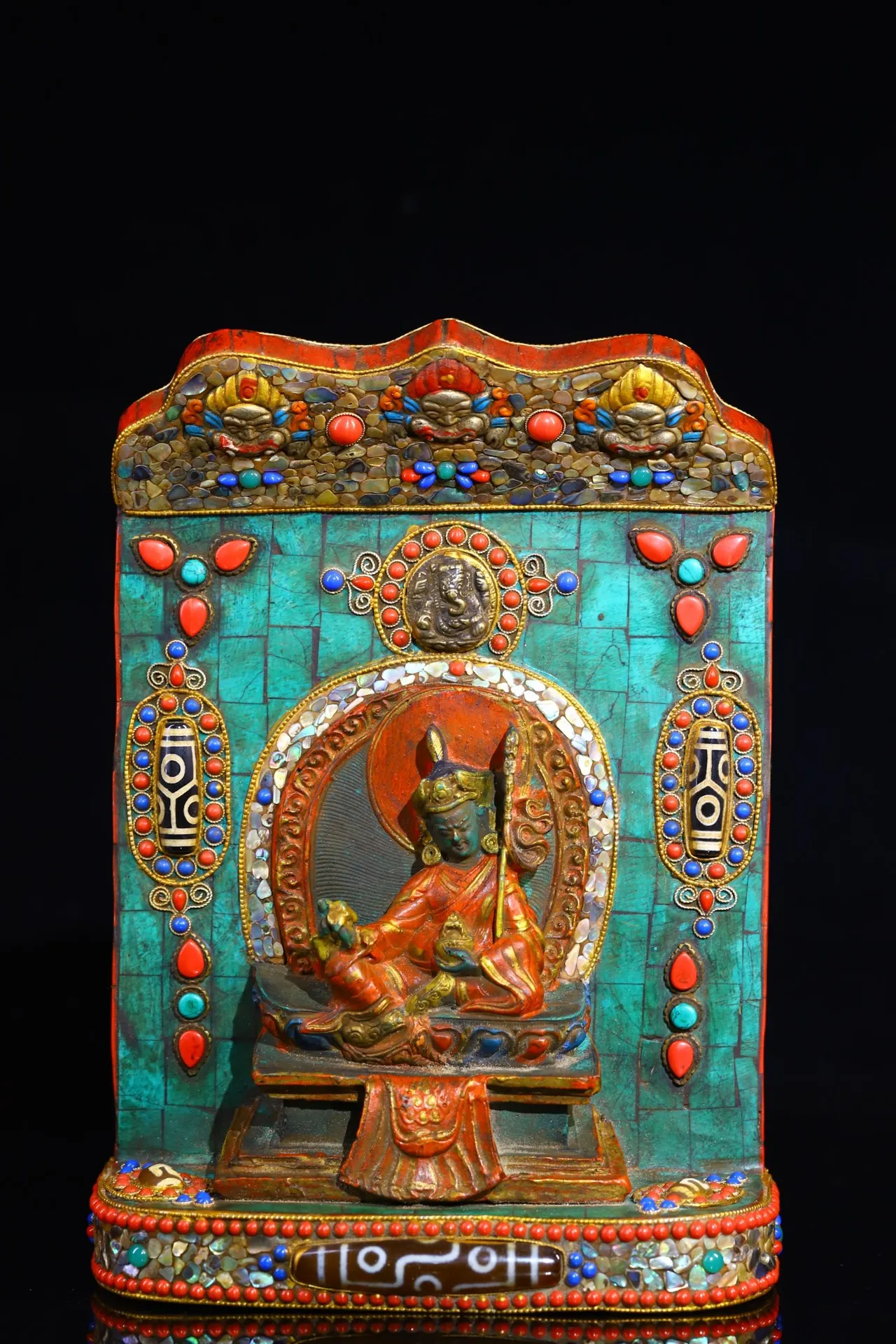 

Коллекция тибетских храмов 9 дюймов, старинная бронзовая мозаика, драгоценный камень, ракушка, бирюза, Цзы, окрашенные бусины Padmasambhava, буддийский нишевый поклонение, зал