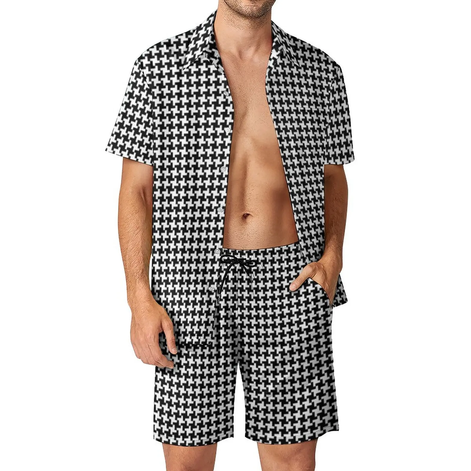 

Houndstooth Geometric Men Sets Black Texture Hawaii Casual Shirt Set Short Sleeve Custom Shorts Fitness Outdoor Suit Plus Size