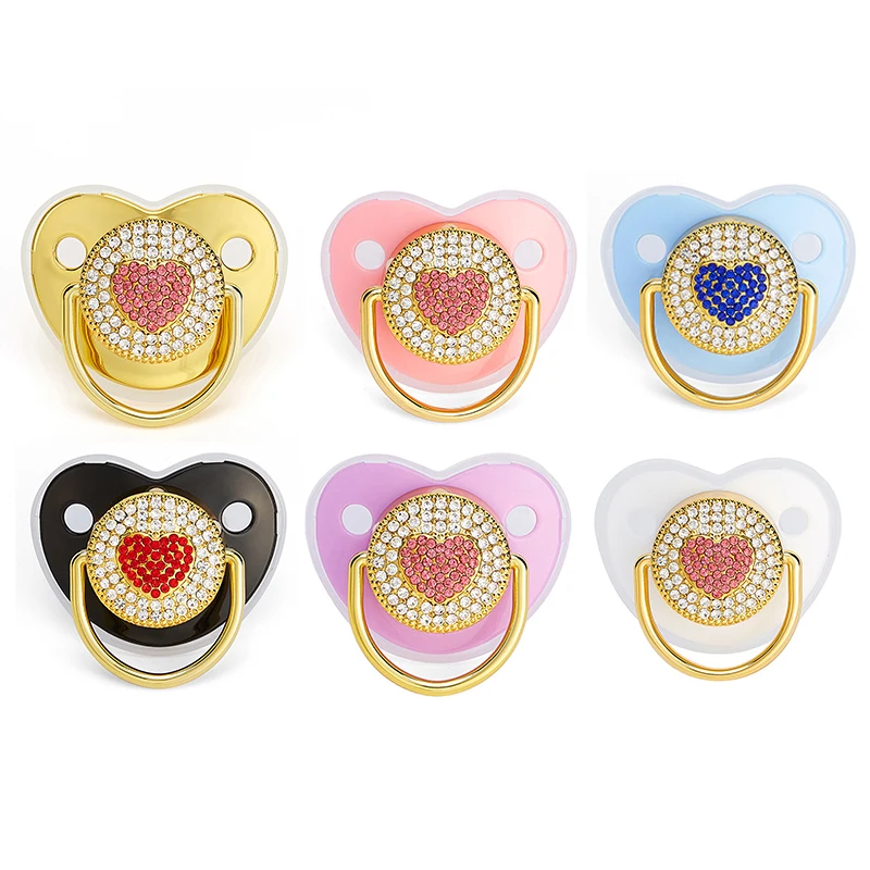 

Rhinestones Baby Pacifier Bling Heart Gold Silver Color Silicone Pacifier BPA Free Newborn Baby Dummy Teether Smoother 0-24M