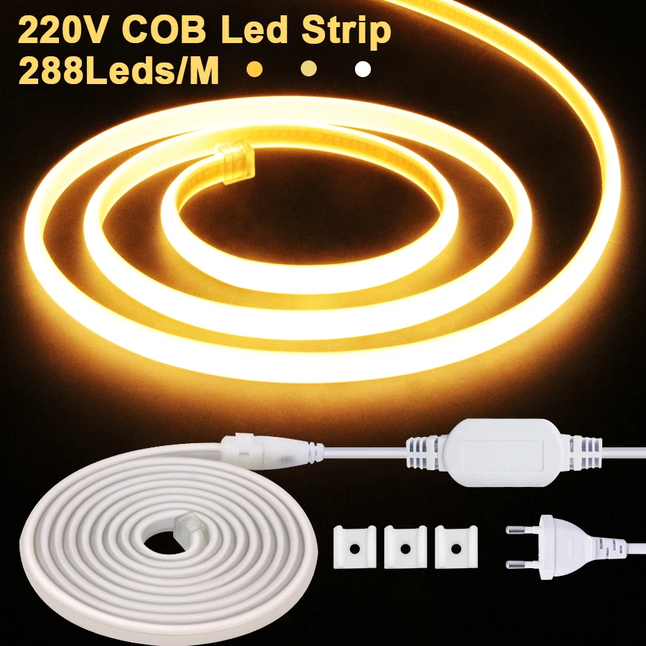 

COB LED Strip AC 220V Flexible Neon Light 288LEDs/m IP65 Waterproof Led Tape COB Ribbon 3000K/4500K/6000K with EU Power Plug