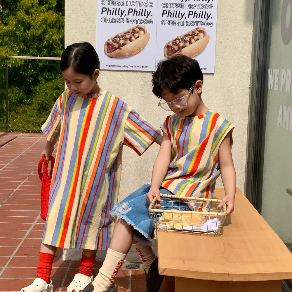 

2023 New Brother And Sister Matching Twins Clothes Sibling Look Girls Striped Summer Dresses Kids Boys Sleeveless Vest t Shirts