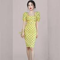 womens new summer korean version high end temperament square neck bubble sleeve wave point closing waist thin buttock dress