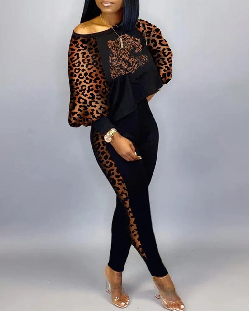 Sets Women's 2023 Summer Bubble Sleeve Casual Fashion Leopard Print Loose Top TightsTwo-piece Combination S-XXXL