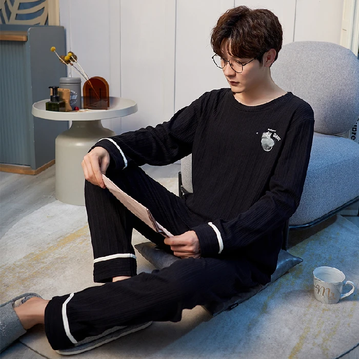 

Men's Pajamas Set Autumn Winter Leisure Elastic Waist Men Sleepwear Cotton Men's Long Sleeve Nightwear Trousers Home Clothes