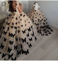 verngo mother and daughter prom dresses sparkly nude tulle with black batter fly fluffy party formal gowns evening dress