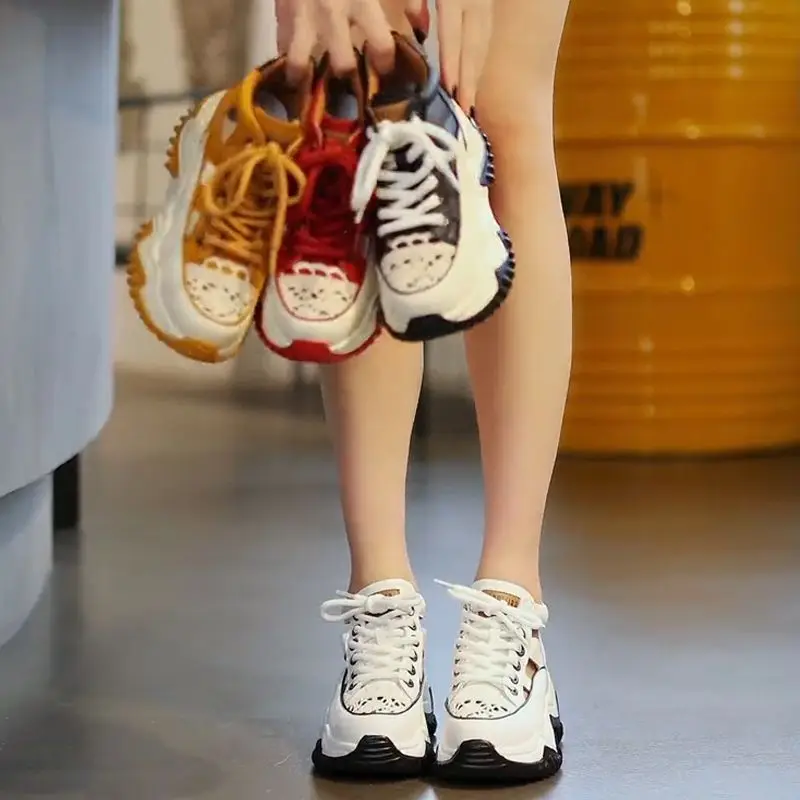 Authentic Leather Clunky Sneakers Women's 2023 New Summer Hot Hollow-out Platform Height Increasing Insole Casual