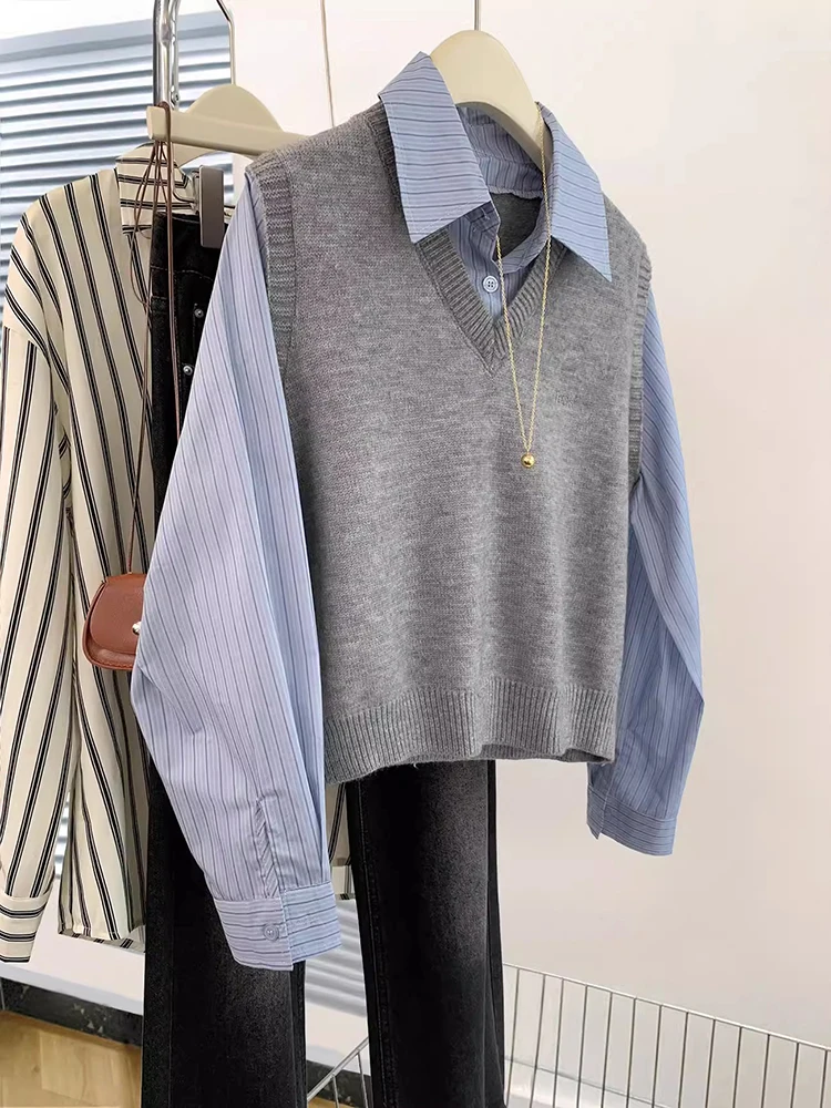 Сращенный поддельный Трикотажный жилет из двух частей топы осенний Новый Модный