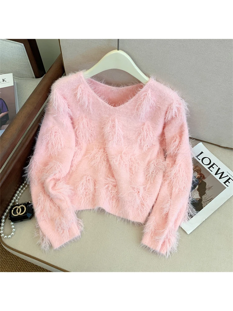

Women's Pink Pullover Knitted Mohair Sweater Vintage Harajuku Y2k 90s Aesthetic Solid Color Long Sleeve Sweaters 2000s Clothes