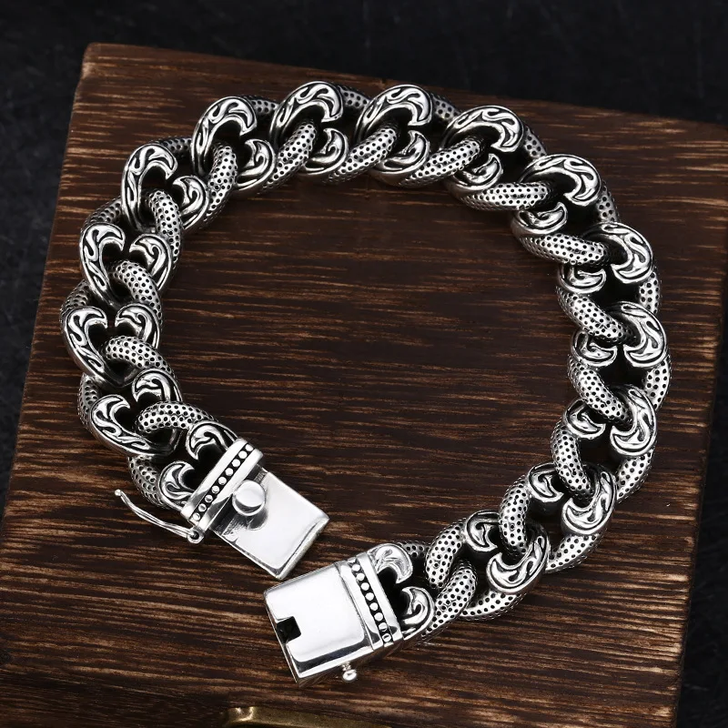 

Pure S925 Sterling Silver Bracelet Men 13.5mm Wider Vintage Pot Pattern Women's Cuban Curb Link Bracelet 18cm/20cm