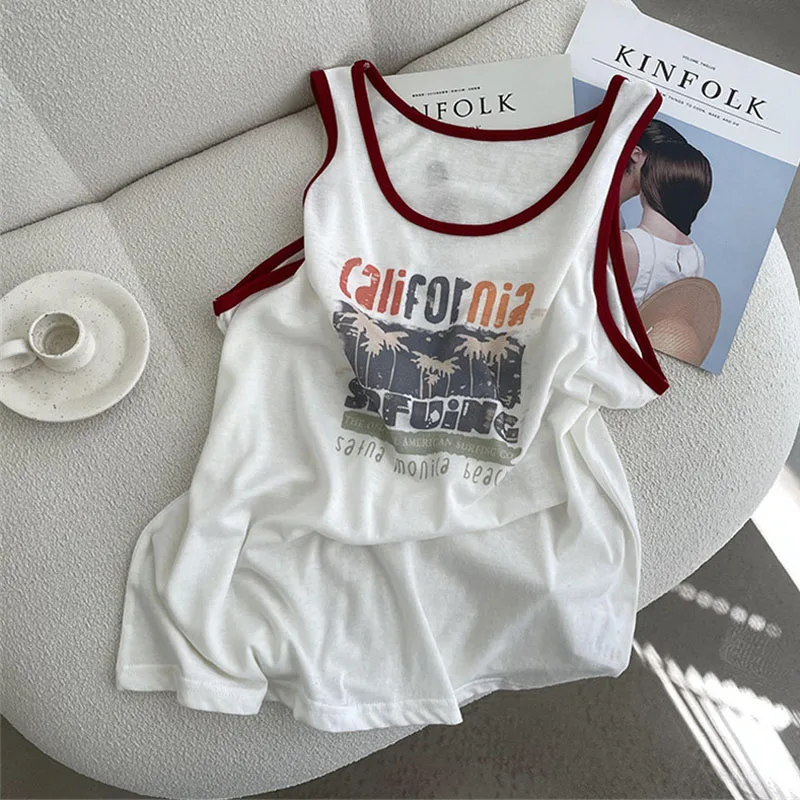 

Letter Print Tank Crop Top Summer Sexy Sleeveless Femme Loose Casual Bf Style Vest Off Shoulder Women Tees Streetwear Clothes