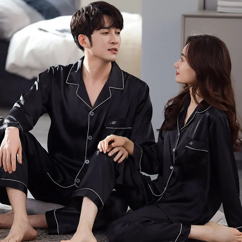 Silk Embroidered Pajamas Spring and Autumn Couples Comfortable Ice Silk Sleepwear Men and Women Long-sleeved Cardigan Suit New