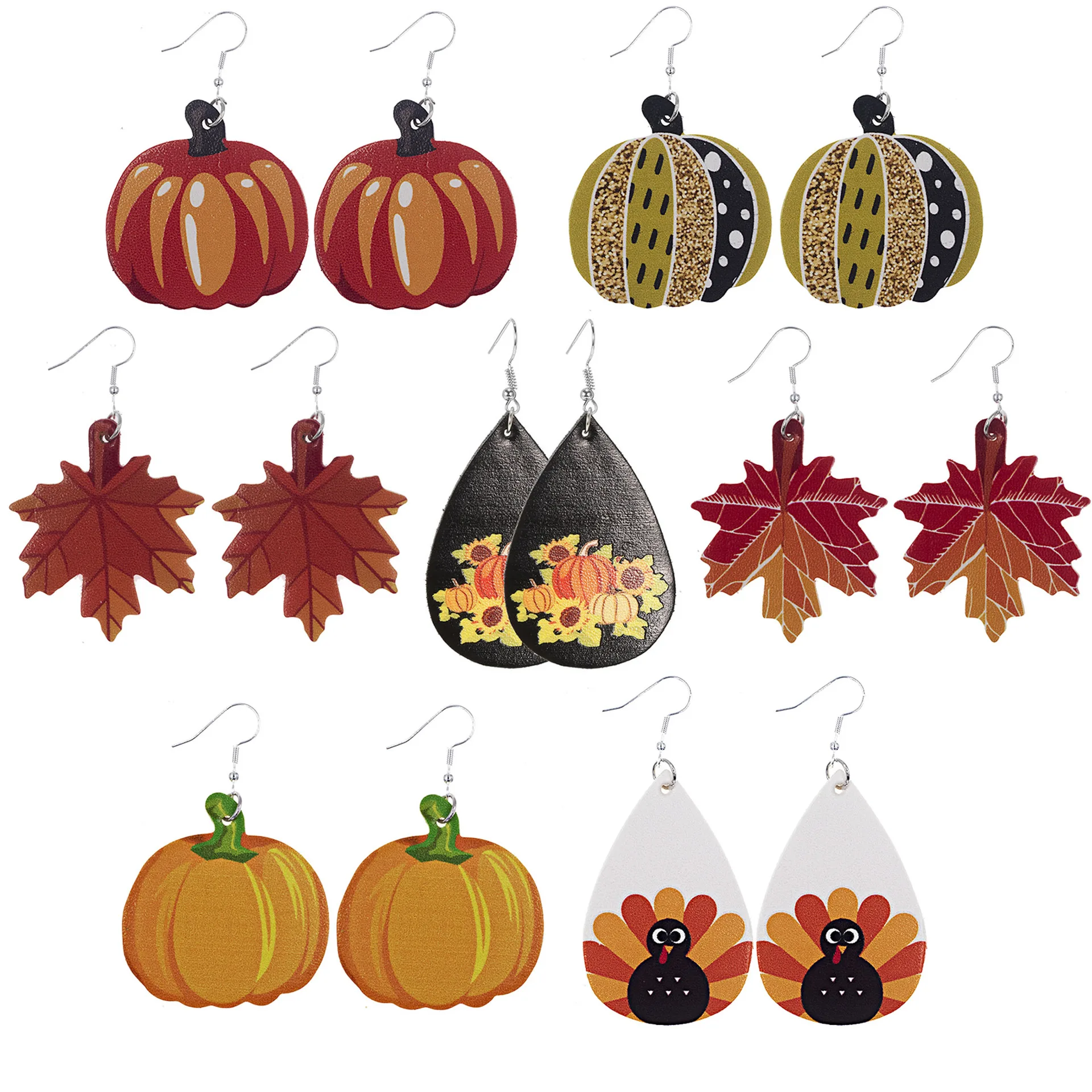 

Thanksgiving Material Pumpkin Maple Leaf Earrings Autumn Turkey Pattern Leather Water Drop Earring