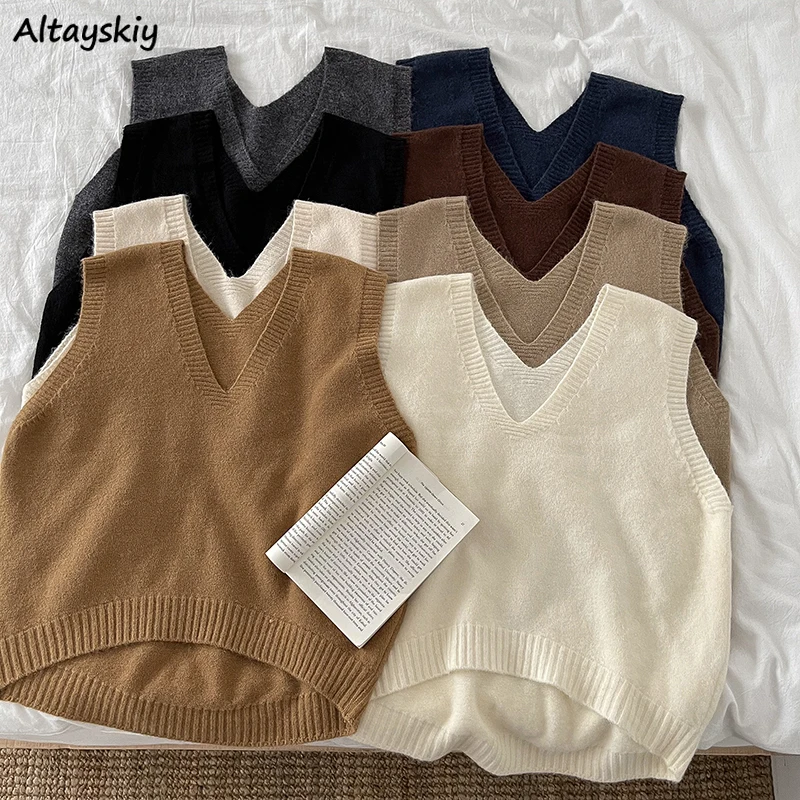 

Sweater Vest Women Solid Loose-fit All-match Vintage Sleeveless Sweaters Casual V-neck Knitting Vests Mujer Daily Japanese Style