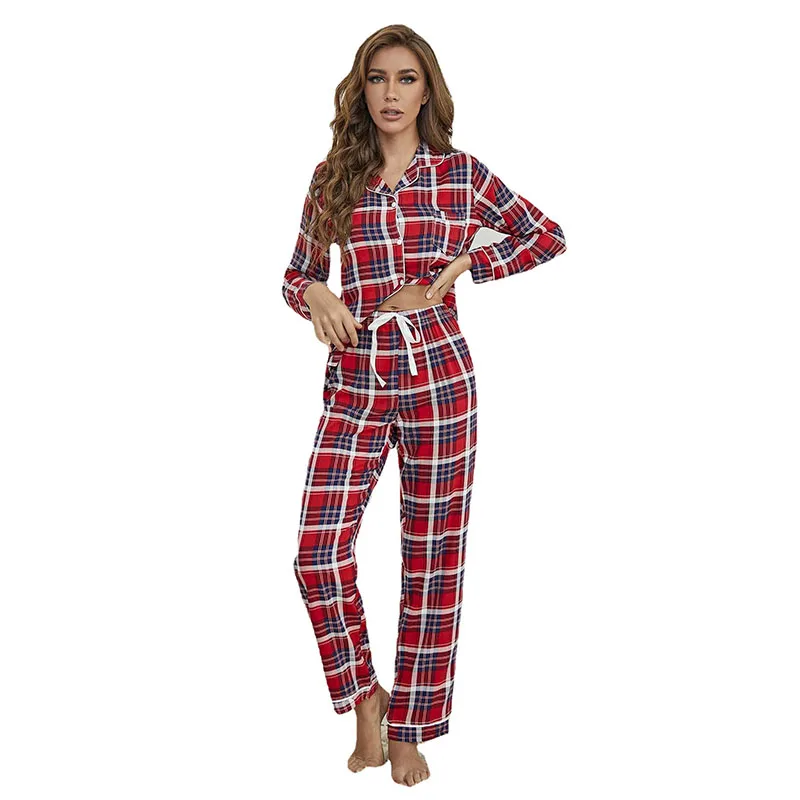 Women 2 Pieces Sleepwear Long Sleeve Plaid Button Shirt and Pants Pajamas Set