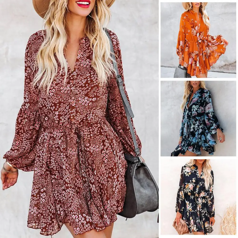 

V-neck Lantern Long Sleeve Buttons Half Placket Pleated Asymmetrical Hem Chiffon Dress Women Lace-Up Waist Tight Floral Print Au