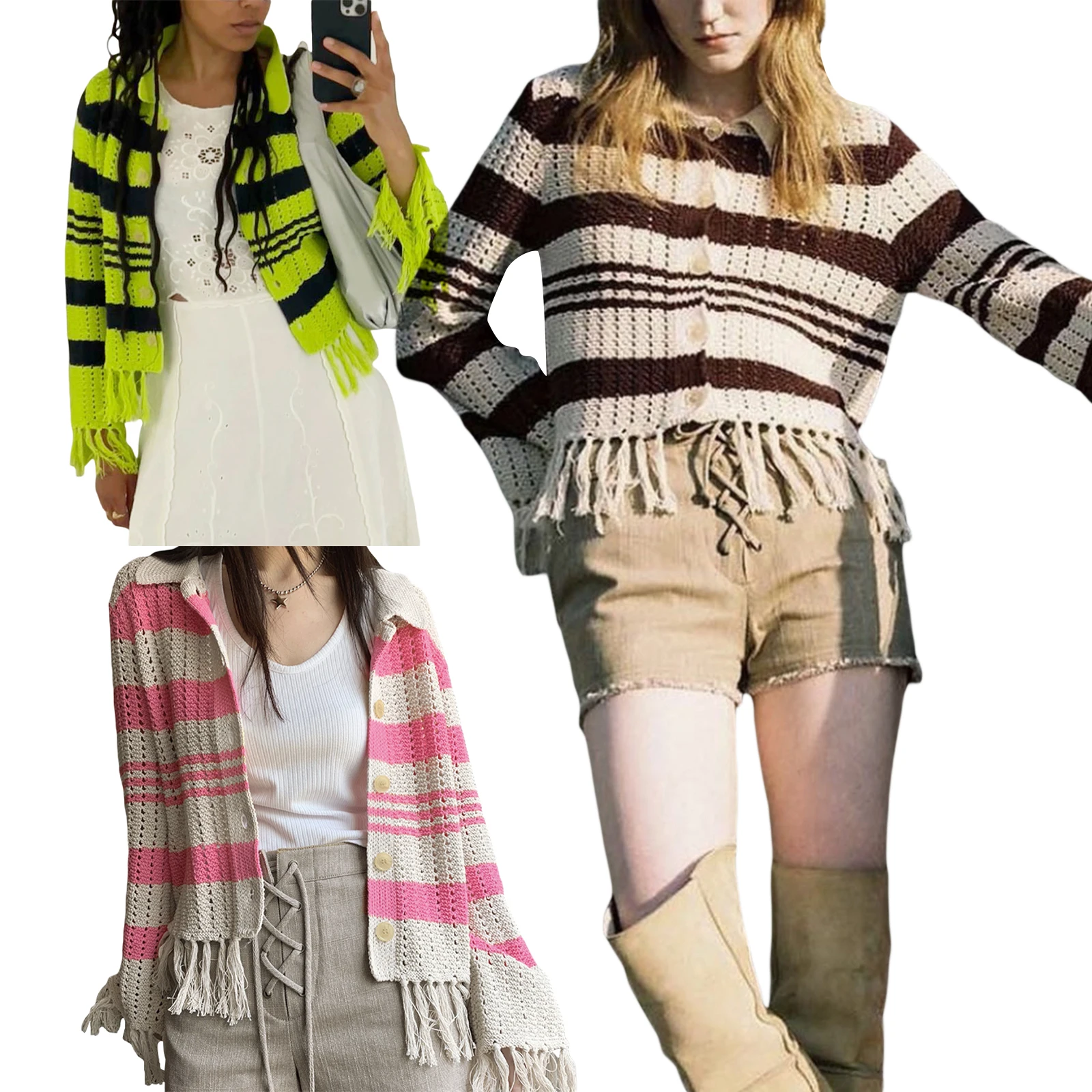 

Женский однобортный свитер, трикотажный топ контрастных цветов с полосками, длинным рукавом, отложным воротником и кисточками на подоле