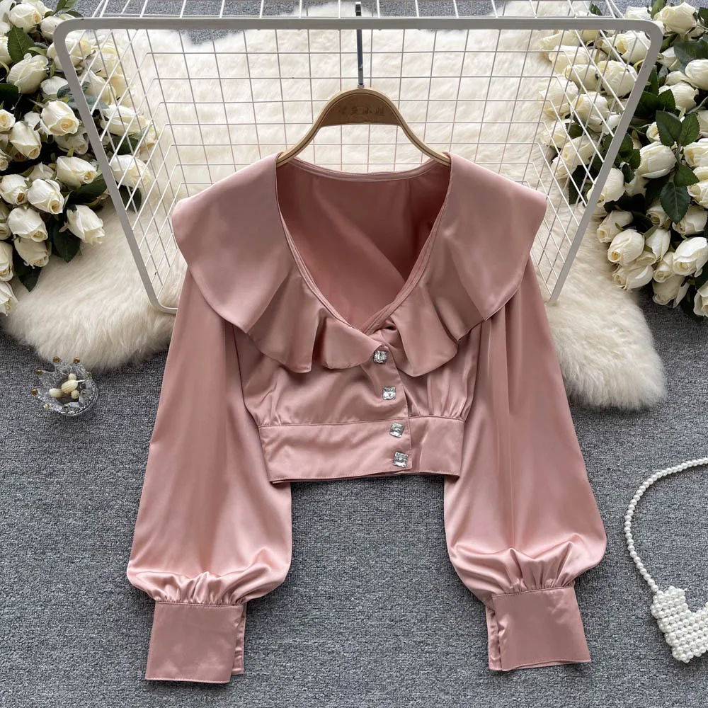 

Spring New Long-sleeved Ruffled V Collar Satin Shirt Women's Short Cropped Tops Solid Color Blouse Blusa Feminina J505