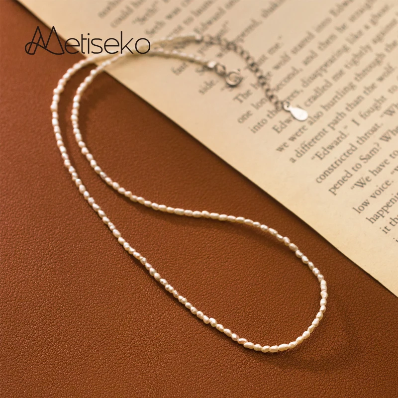 Metiseko Super Mini Natural Freshwater Pearl Choker Necklace 925 Sterling Silver Chain 2.3mm Pearl Necklace Elegant for Women
