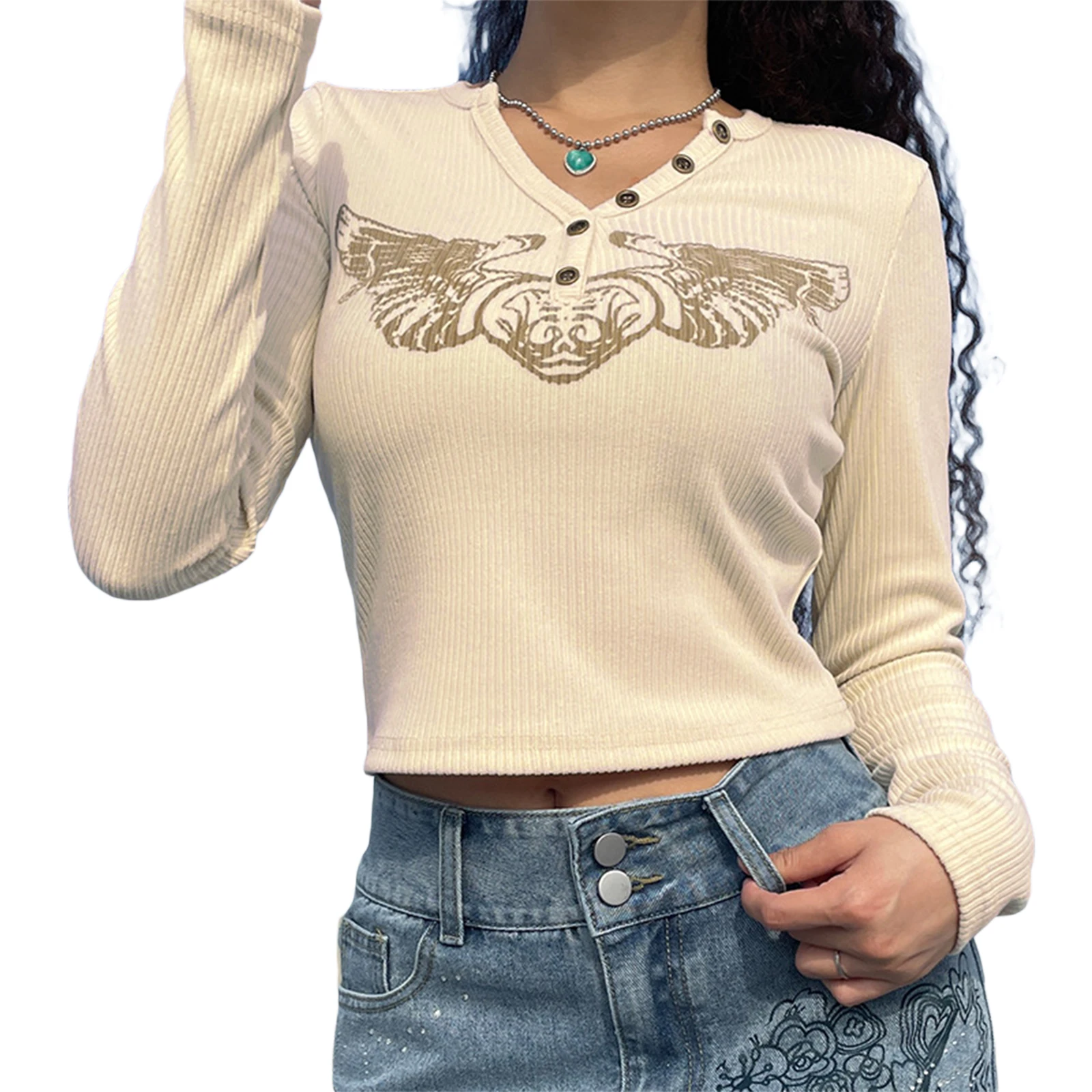 

Women Clothing Polyester Crop Tops Slim-fit Charming Letter Printing V-neck Long Sleeve Pullovers T-shirts Streetwear