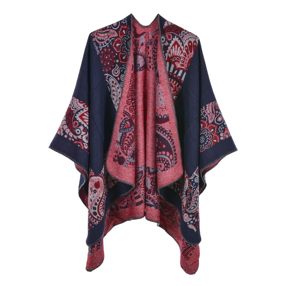 Autumn Winter Printing Double Faced Double sided Split Warm Cape Women Imitation Cashmere  Poncho Lady Capes Red Cloaks