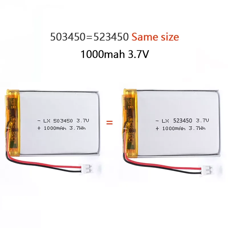 

503450/523450 1000mAh 3.7V Polymer Lithium Rechargeable Battery Li-ion Battery JST PH2.0 2pin For GPS Smart Phone DVD MP4 MP5