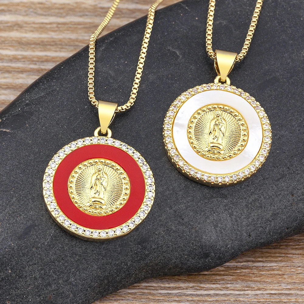 

Nidin Exquisite Enamel 7 Colors Round Shiny Crystal Inlaid Virgin Mary Pendant Necklace Women's Elegant Jewelry Religious Gift