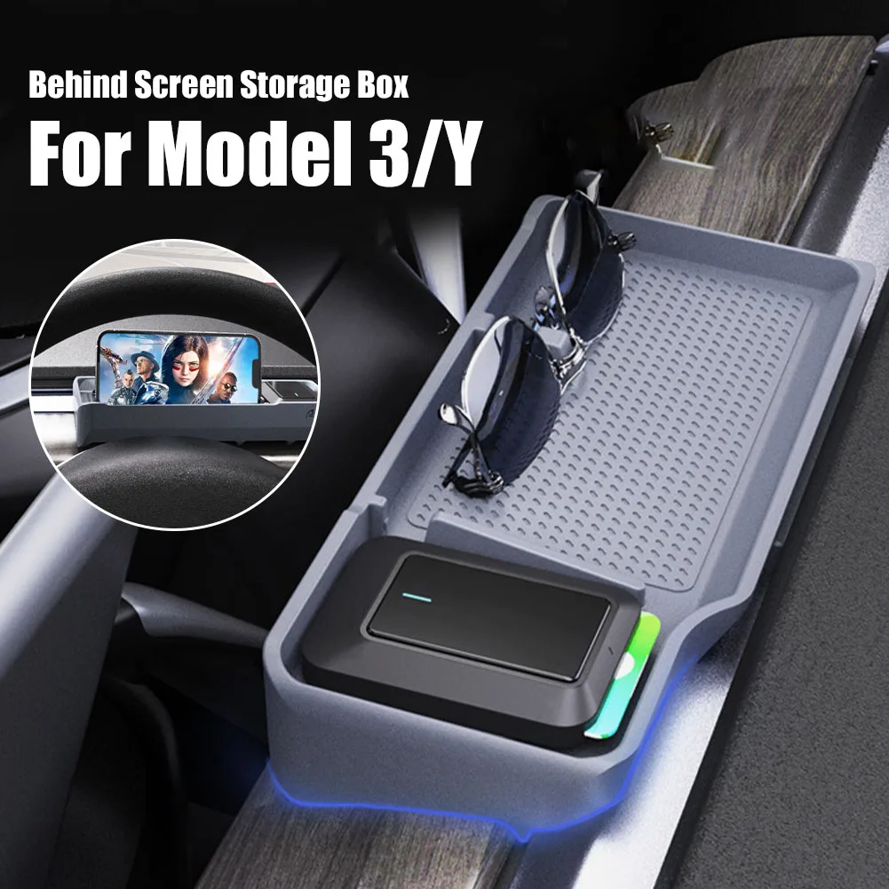 

For Tesla Model 3 Y Behind Screen Storage Box Dashboard Organizer Hidden Tissue Holder Anti-Slip Mat Phone Bracket Accessories