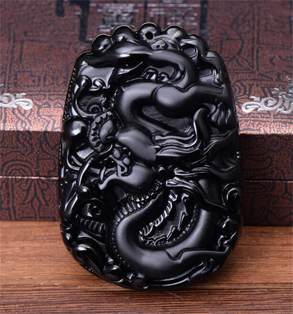 

Красивый натуральный черный обсидиан ручная резная китайская обмотка дракона тотем амулет кулон бусины ожерелье очаровательные модные ювелирные изделия