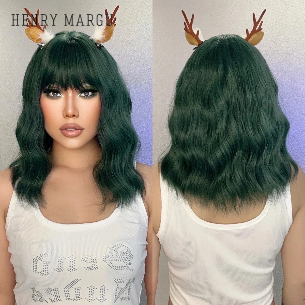 

HENRY MARGU Green Highlight Synthetic Natural Wigs Short Wavy Bobo Hair Wigs for Women with Bangs Heat Resistant Daily Lolita