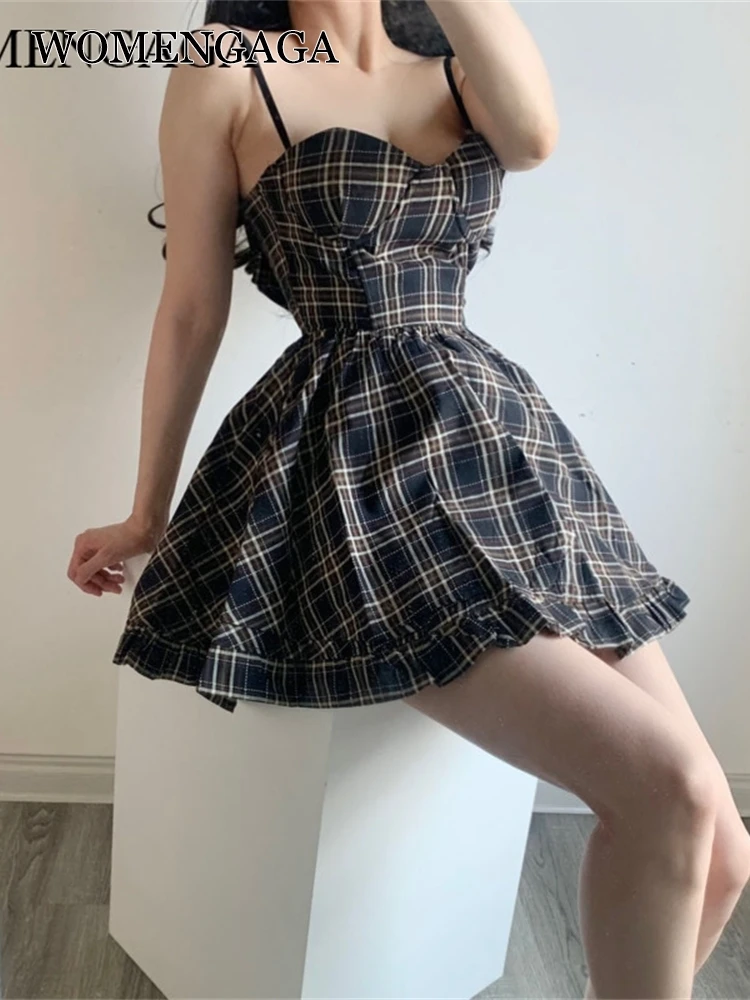 Женское платье на бретельках винтажное в клетку стиле ретро без рукавов E194 лето
