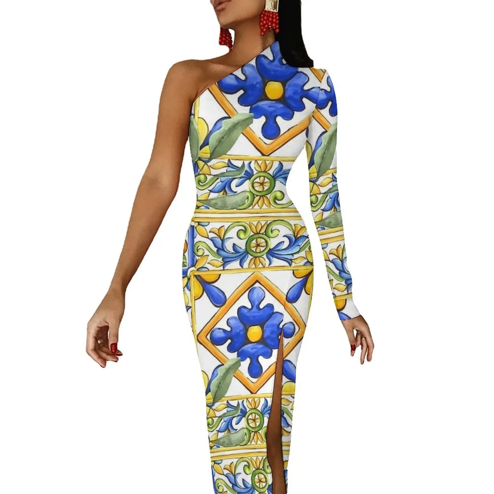 Majolica Лимонное платье макси с длинным рукавом и цветами цитрусовых плитка